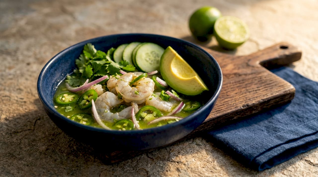 Close-up of spicy shrimp aguachile dish