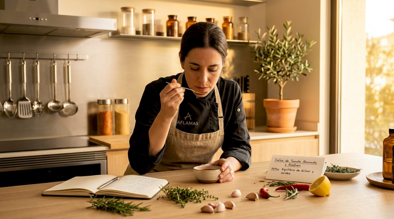 Un chef prueba una salsa recién preparada en la mesa de la cocina de pruebas.