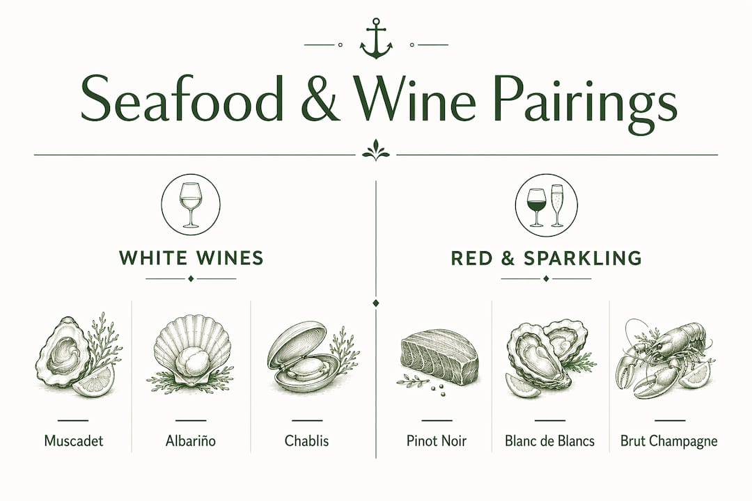 Infographic comparing white and red sparkling wines for seafood