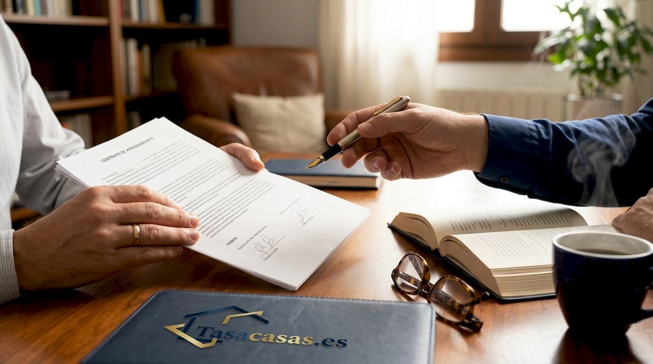 Dos personas entregándose un contrato legal de mano en mano.