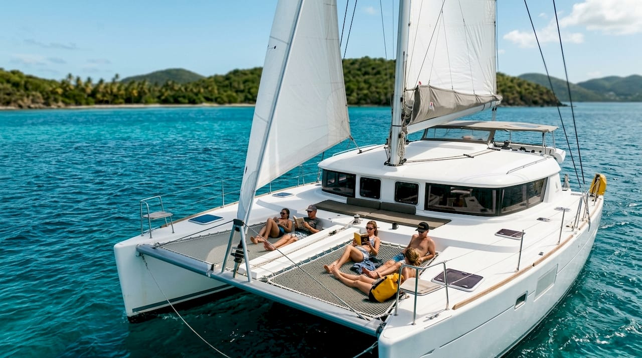 Catamaran sailing in Virgin Islands turquoise waters