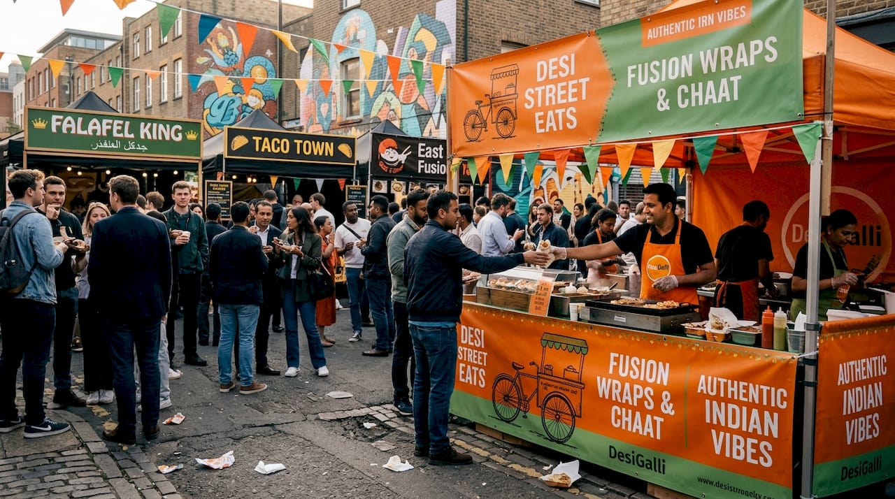 Multicultural street food market scene bustling with people
