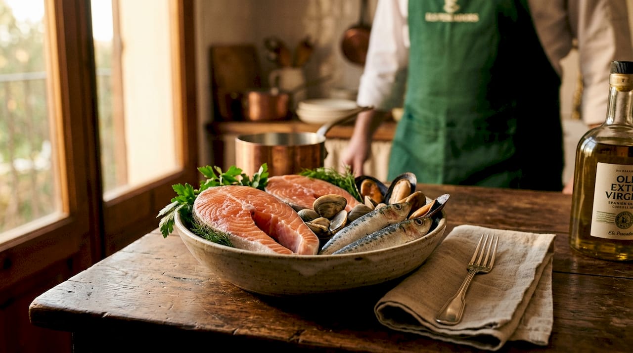 Close-up bowl of omega-3 rich seafood and herbs