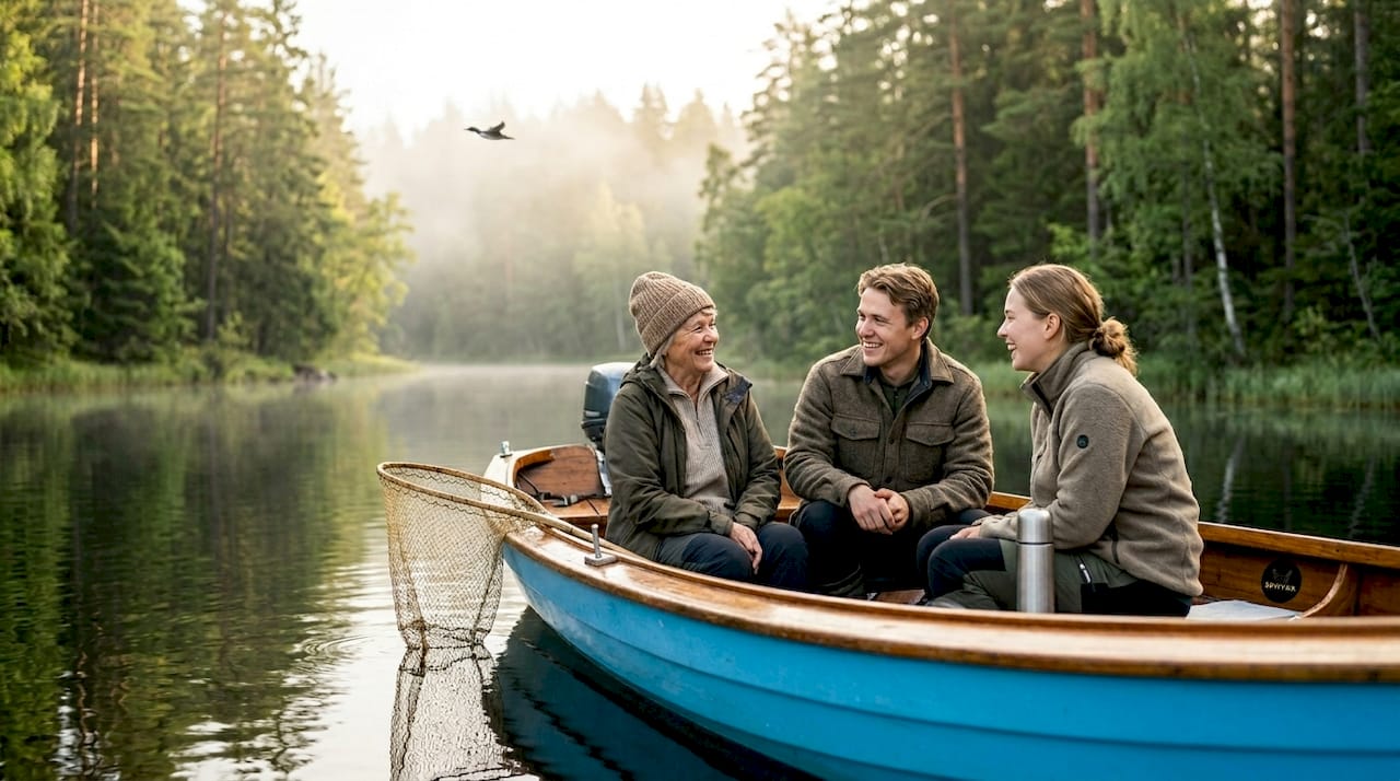 People boating peacefully in Finnish Lakeland forest waterway