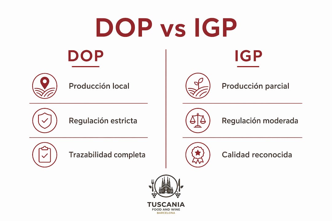 Infografía sobre las diferencias entre vinos con denominación de origen y vinos con indicación geográfica protegida, destacando sus principales características.