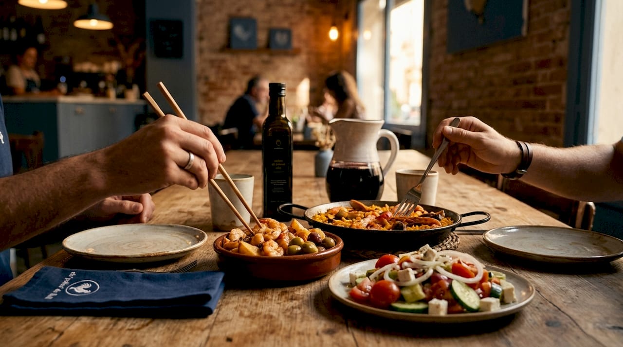 Una mesa repleta de platos típicos de diferentes culturas, con varias manos acercándose para probarlos.