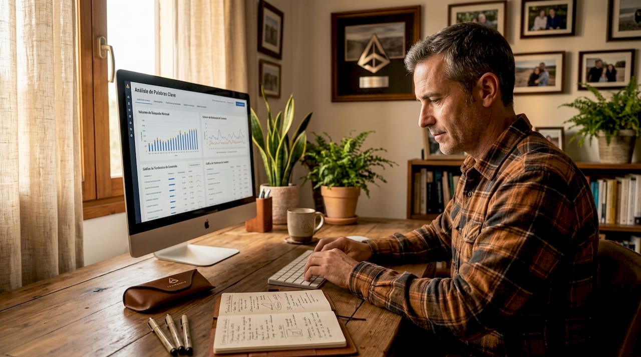 Hombre revisando palabras clave de negocios locales en su escritorio