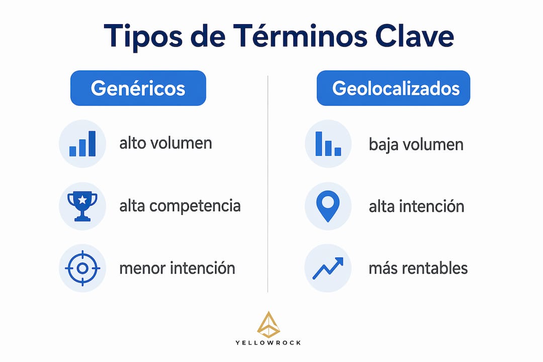 Infografía que muestra las diferencias entre los distintos tipos de palabras clave que pueden utilizar los negocios locales