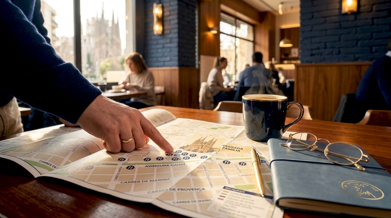 Plano con los restaurantes más cercanos a la Sagrada Familia sobre la mesa