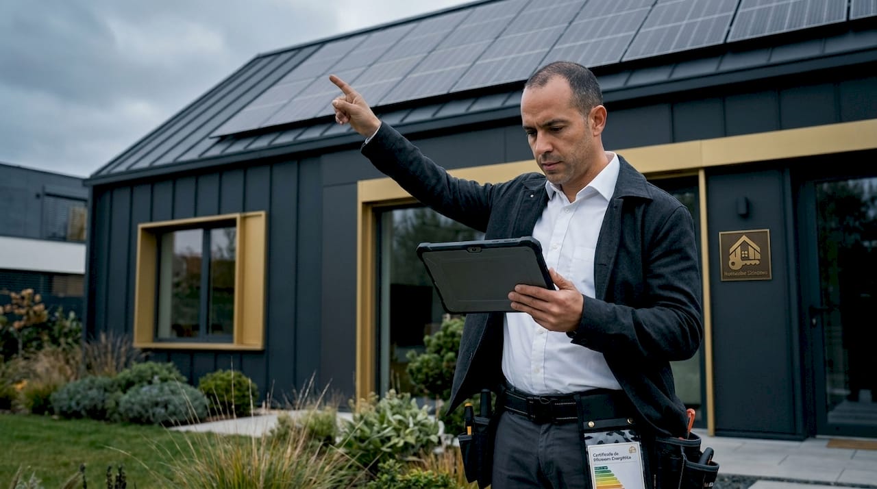 Técnico de viviendas comprobando el certificado energético en el exterior