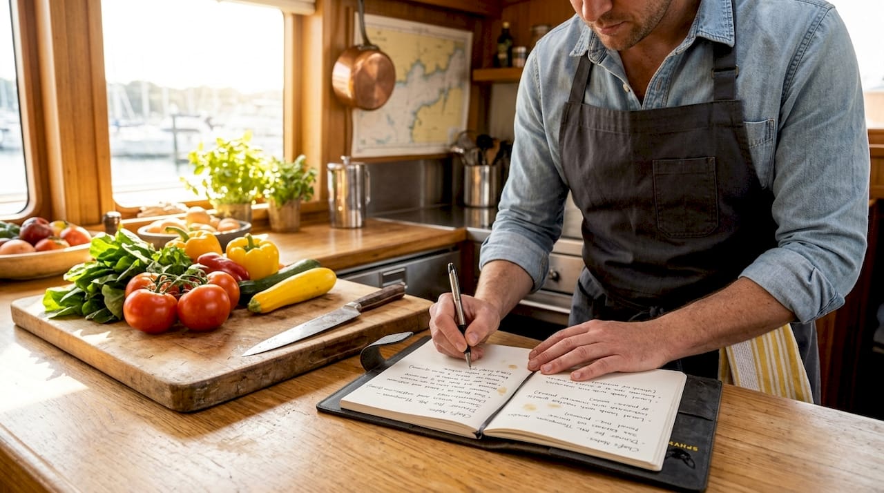 Yacht chef writing bespoke menu notes