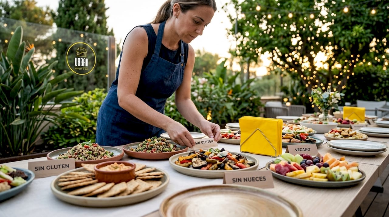 El servicio de catering coloca platos aptos para personas con alergias sobre la mesa del banquete.