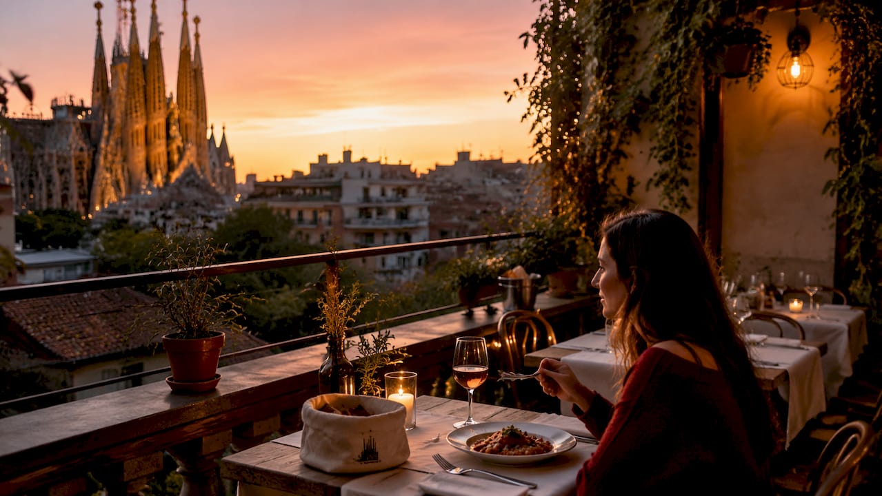 Disfruta de una noche en la terraza con vistas a la Sagrada Família bañada en luces