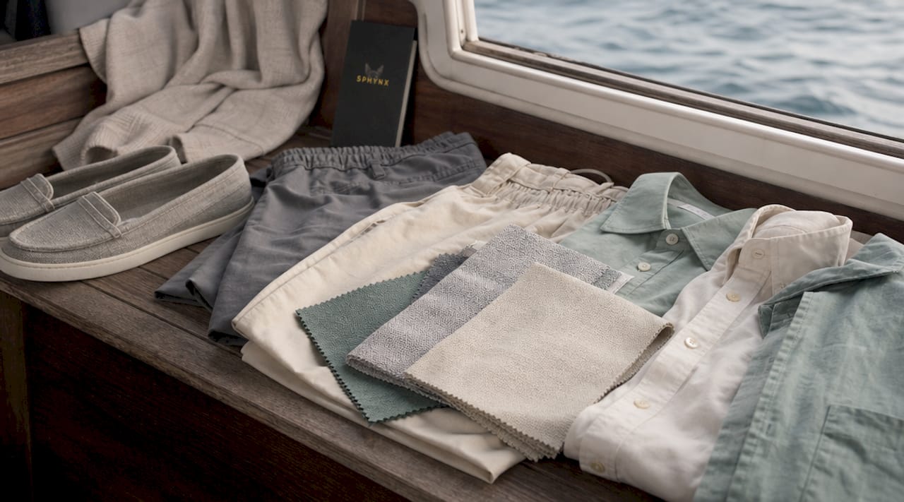 Stack of smart casual yacht trip fabrics and shoes