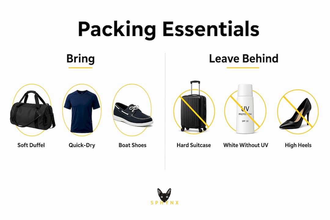 Infographic showing what to pack vs leave behind for yacht trip