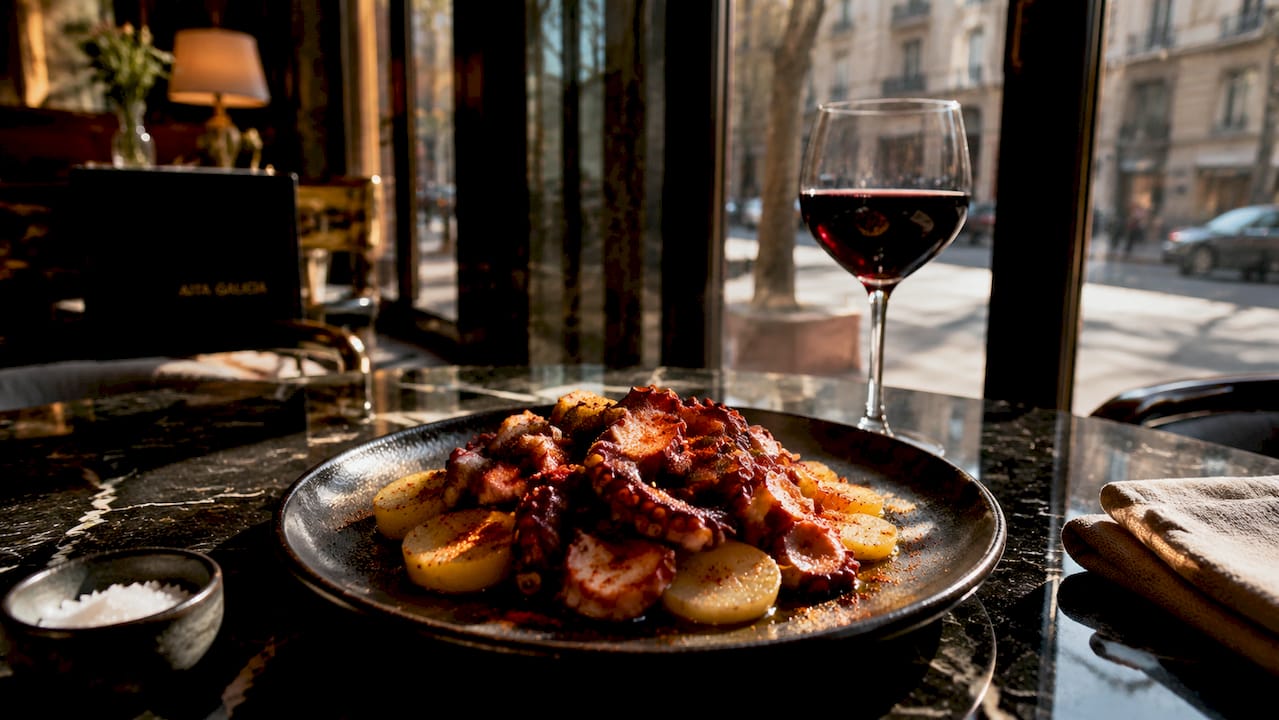 Un plato de pulpo a la gallega servido sobre una mesa de madera