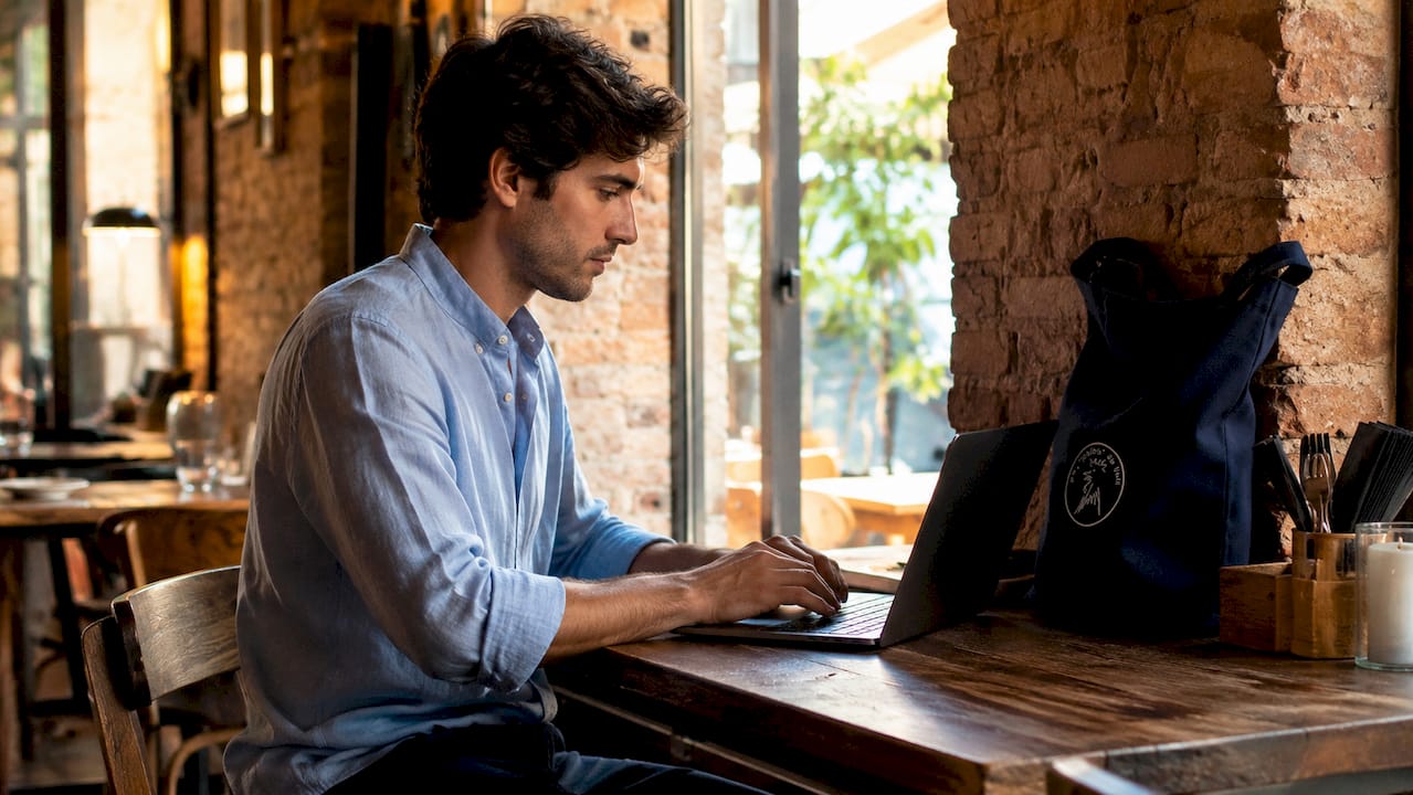Un hombre hace una reserva online para cenar en un café de Barcelona.