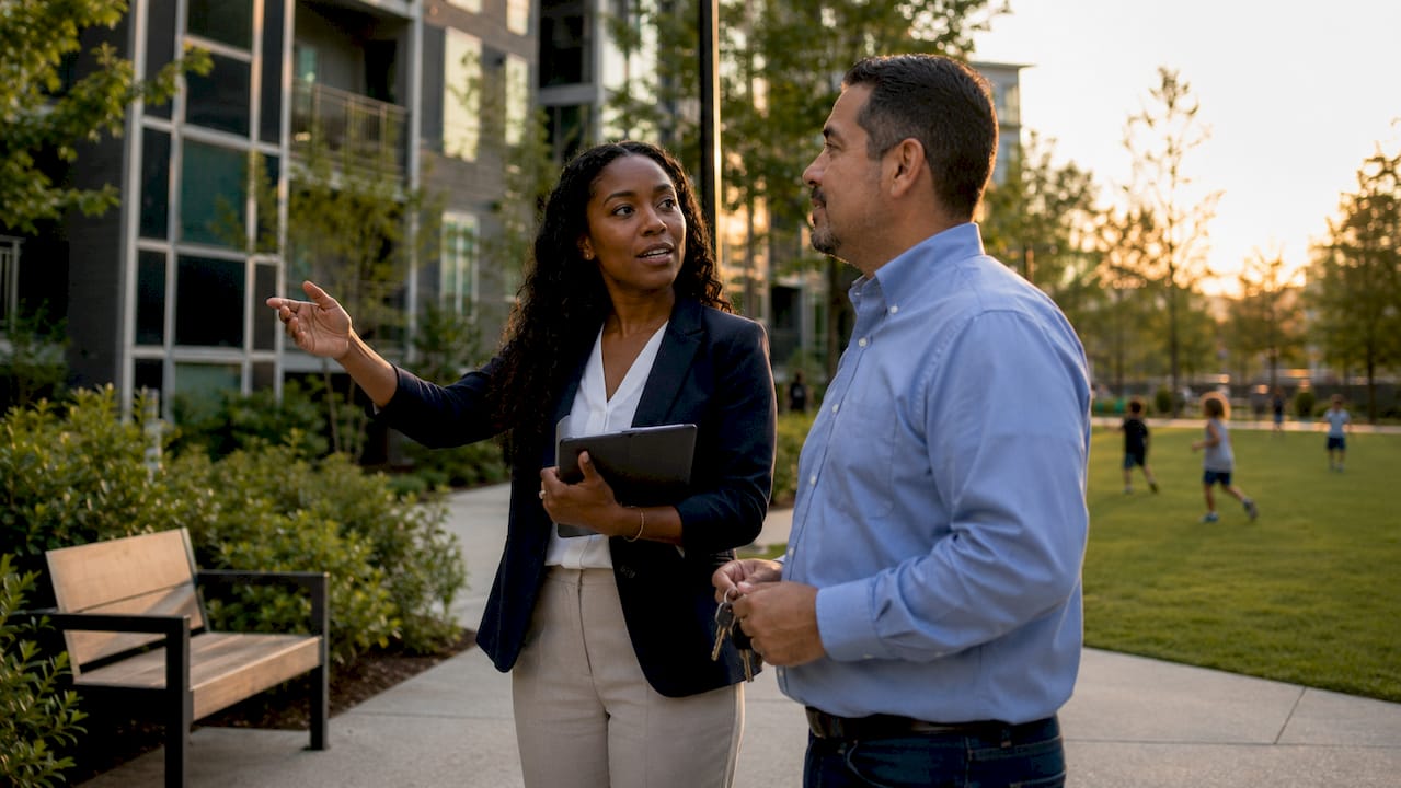 Two property managers discussing apartment complex features