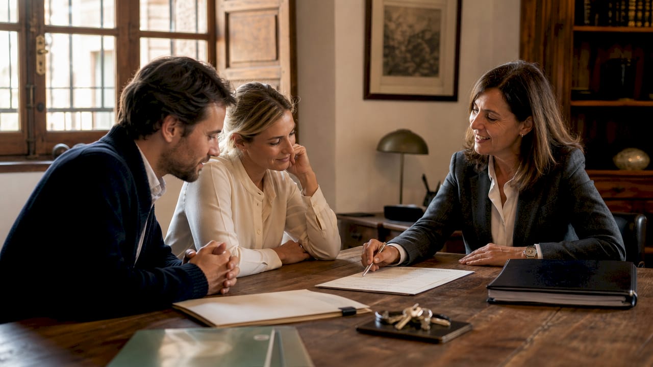 Expat couple signing property documents with notary