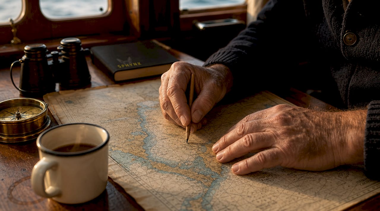 Captain planning boat voyage on map