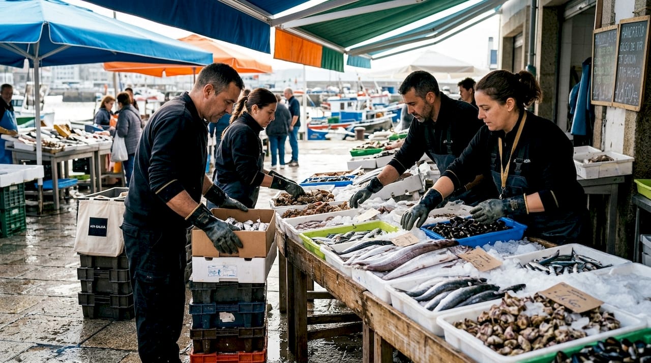 Empleados acomodando mariscos recién llegados en el muelle del puerto.