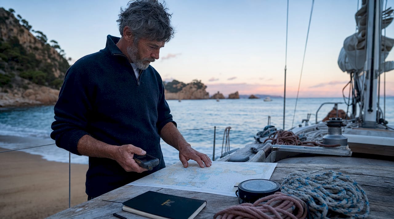 Sailor checking GPS device on anchored boat in Aiguablava