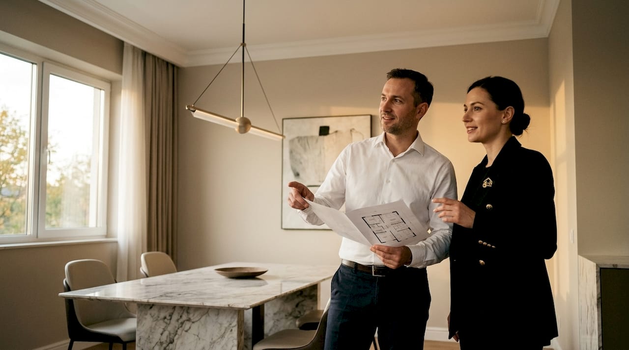 El agente inmobiliario acompaña al cliente durante la visita y juntos inspeccionan la vivienda.