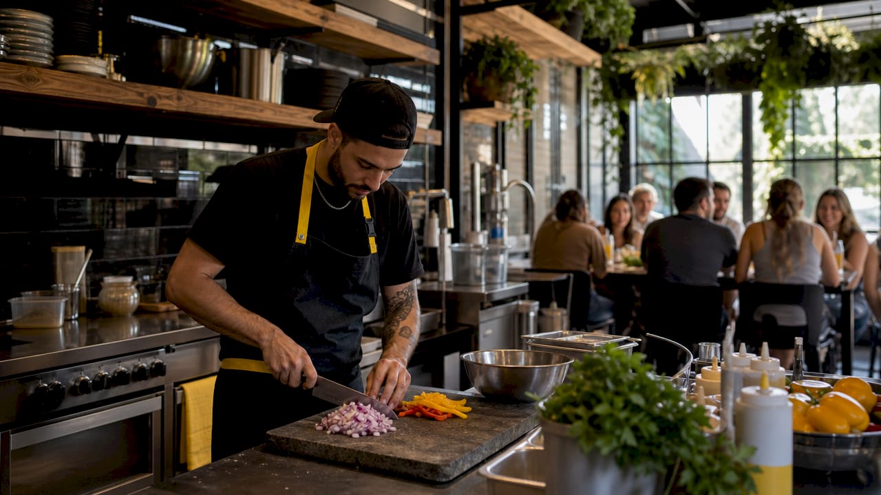 Cocinero preparando platos a la vista del cliente en un restaurante de comida rápida moderna