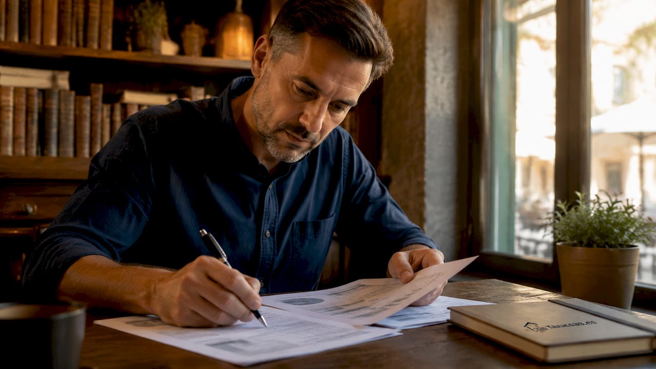 Un tasador analiza detenidamente papeles sobre su escritorio en la oficina.