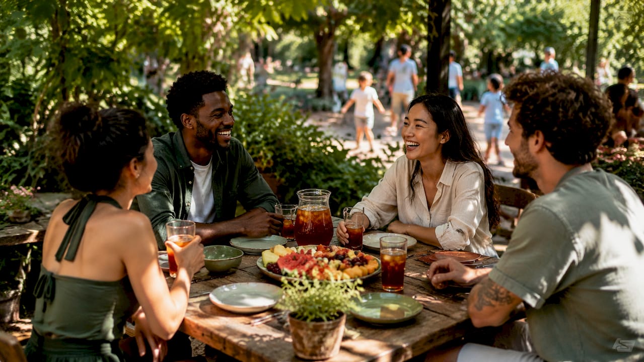 Friends socializing at local neighborhood restaurant