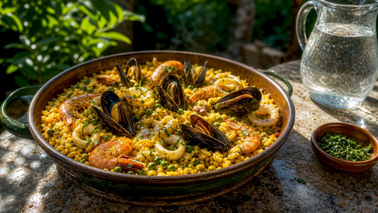 Overhead view of traditional seafood paella