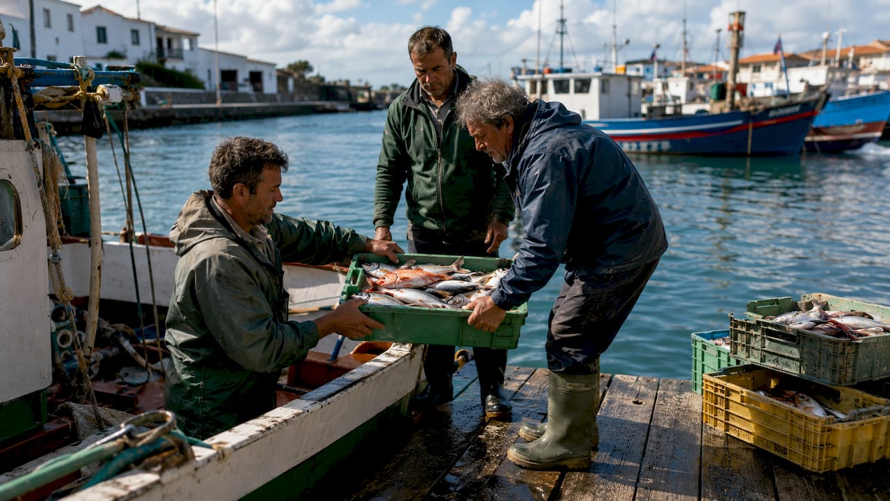 Fishermen unloading fresh fish at harbor dock