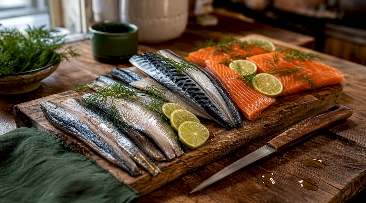 Close-up of fresh fatty fish fillets on cutting board