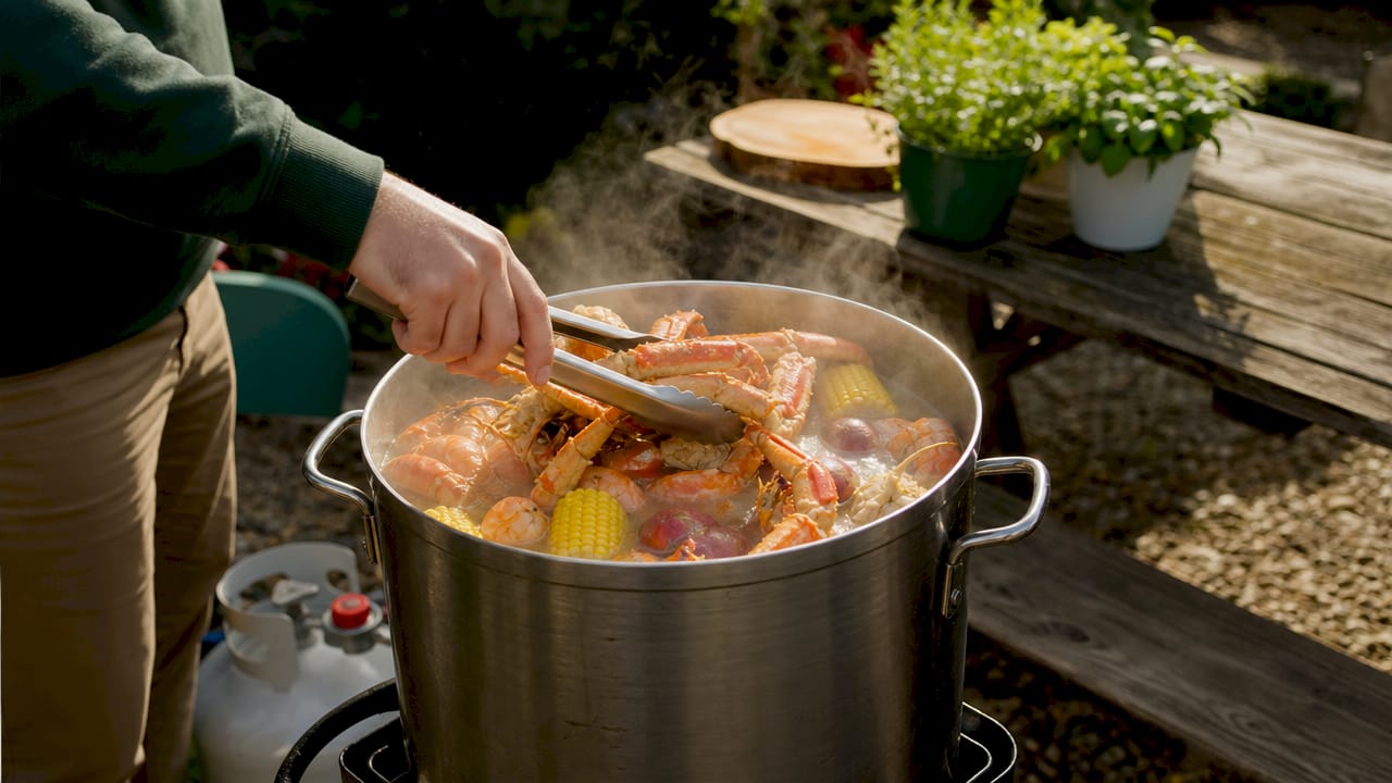 Close-up large pot with seafood boil ingredients
