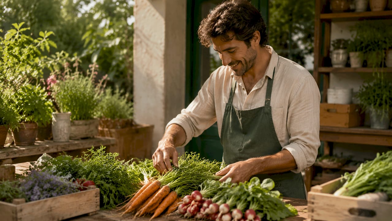 Chef hands selecting fresh local vegetables