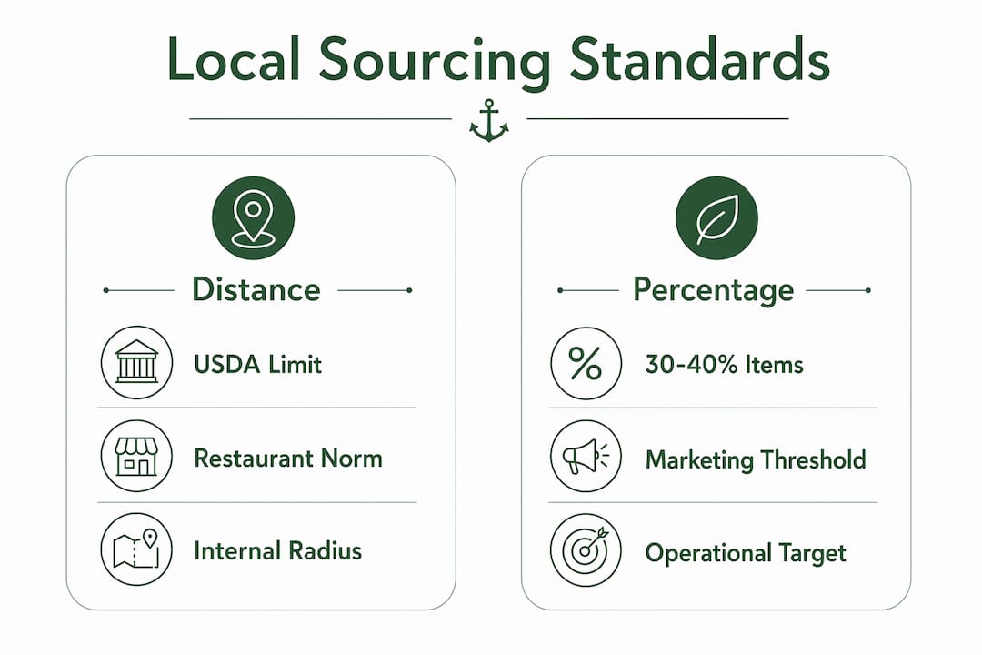 Infographic comparing local sourcing standards by distance and percentage