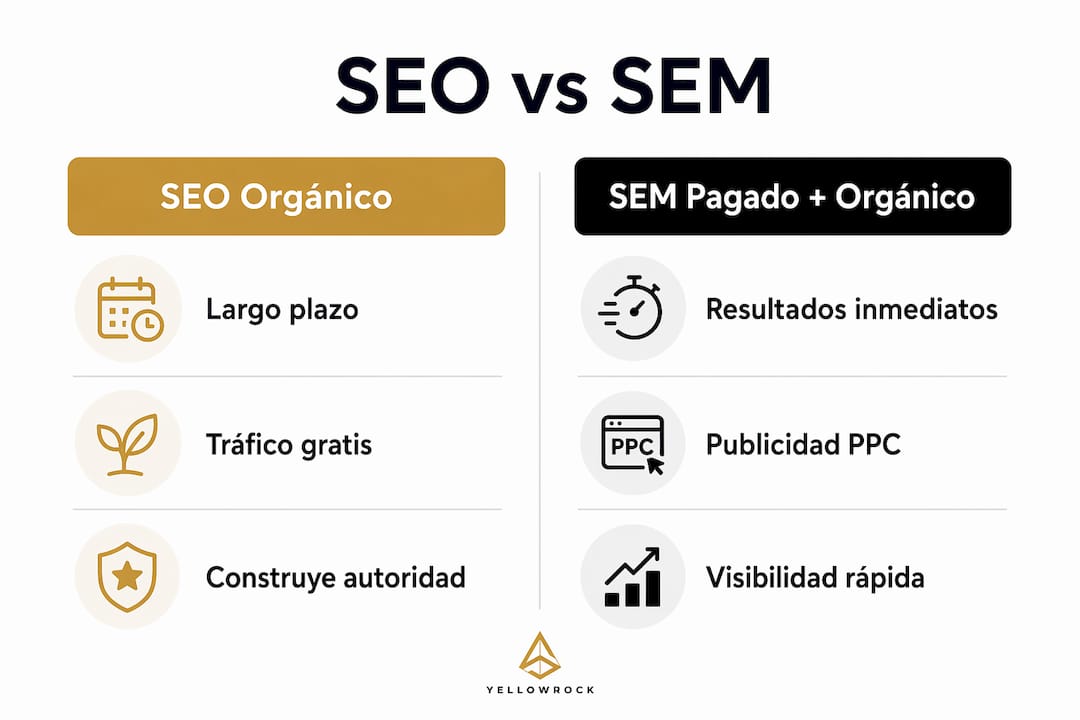 Infografía que muestra las diferencias entre el posicionamiento orgánico (SEO) y la publicidad de pago (SEM)