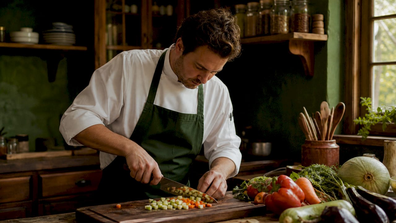 Chef slicing vegetables in bright open kitchen