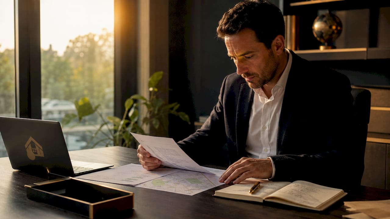Manos revisando la escritura de una propiedad junto a planos catastrales