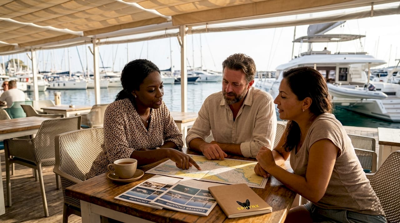 Group planning private sailing charter at marina picnic table