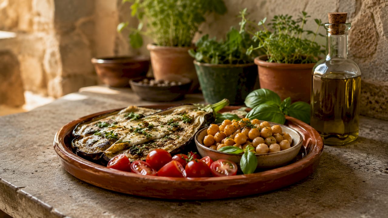 Close-up of key Mediterranean ingredients on cutting board