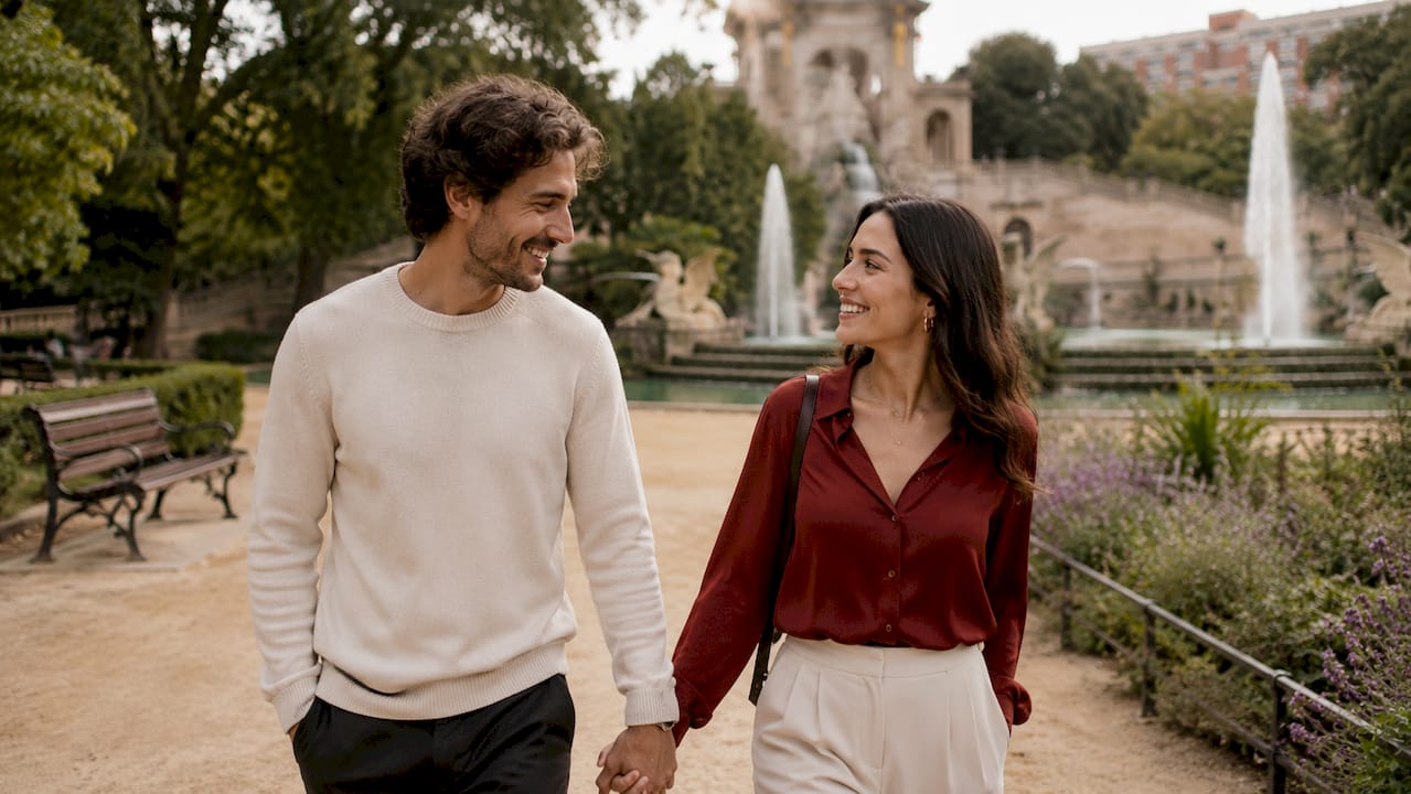 Una pareja pasea tranquilamente junto a impresionantes edificios de estilo modernista.