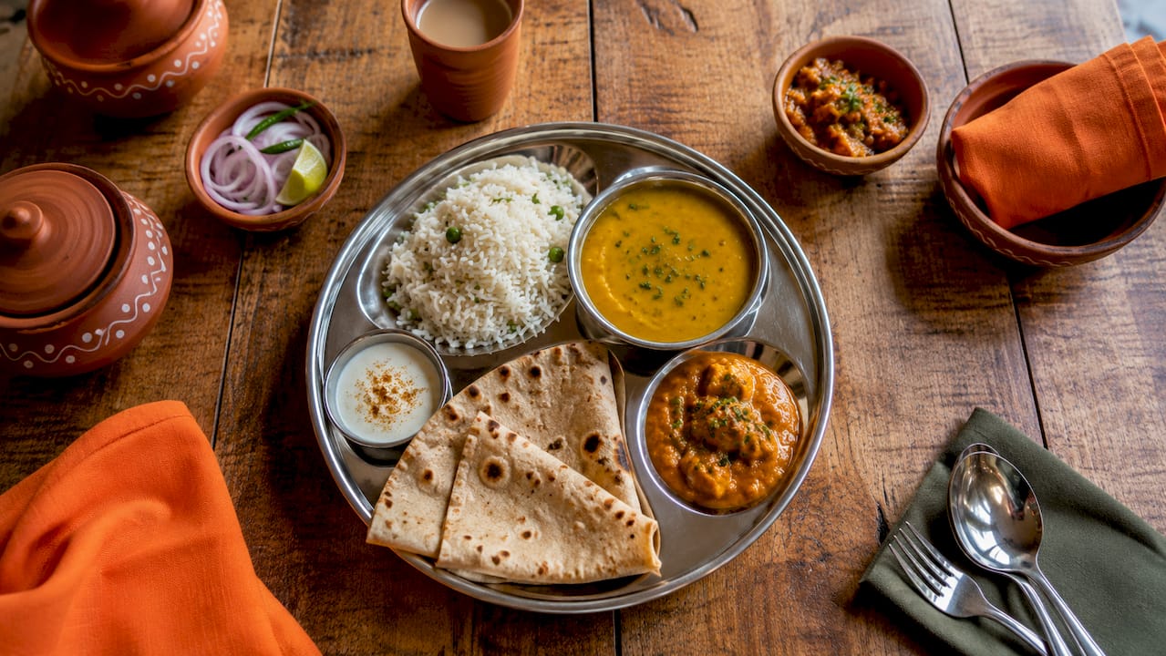 North Indian thali with chapati and curries