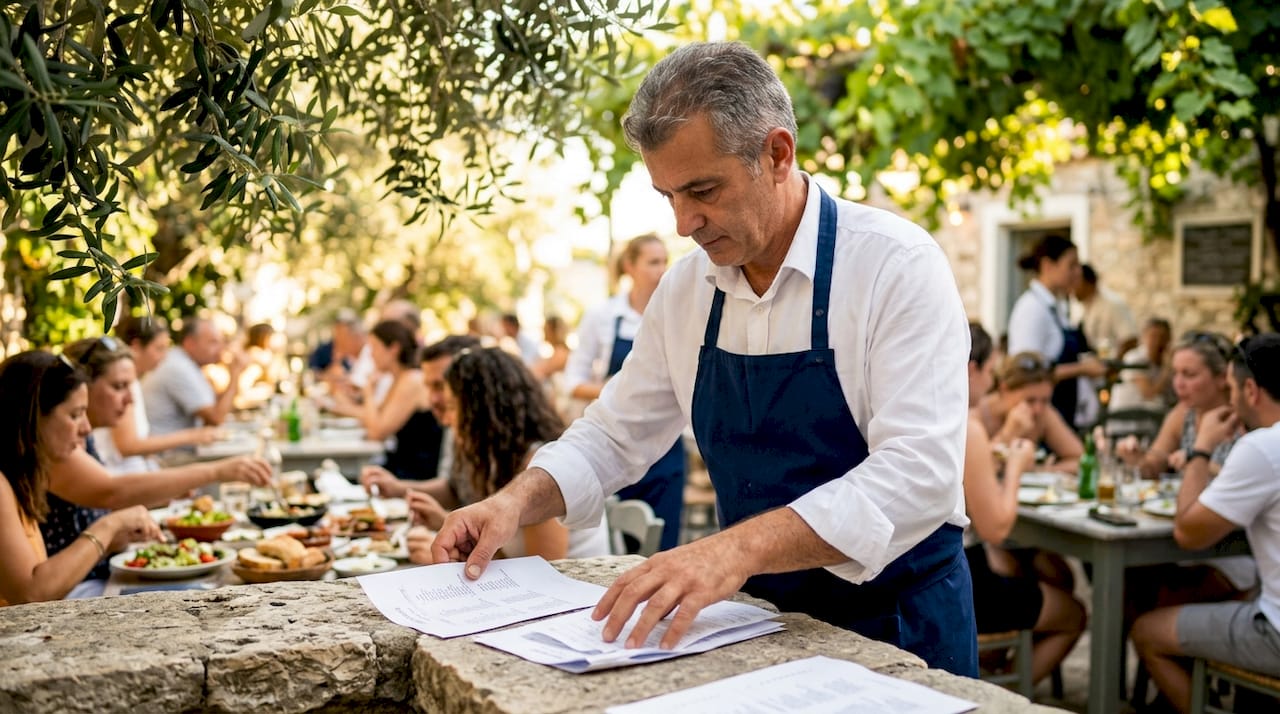 Waiter organizing group seating and meal charts