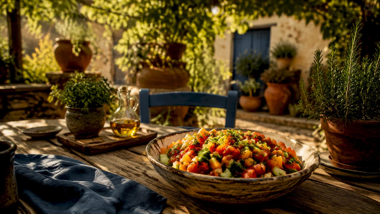Colorful bowl of fresh Mediterranean salad vegetables