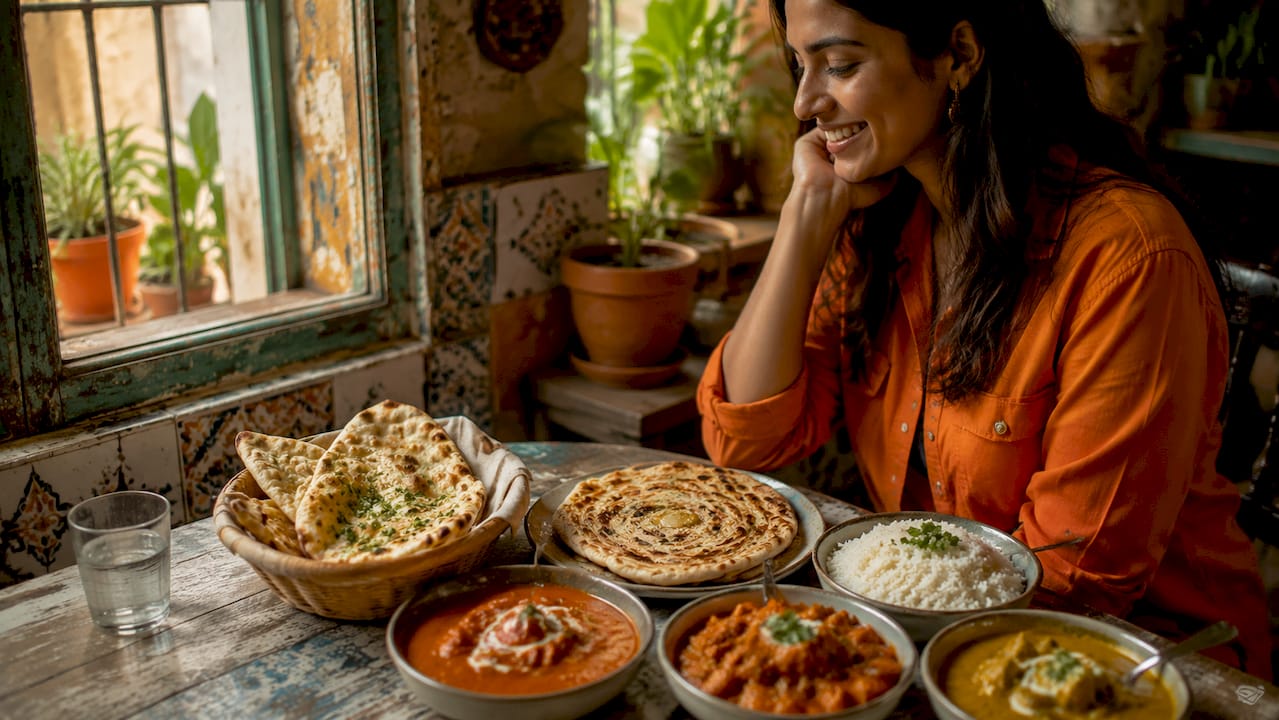 Breads paired with various Indian curries overhead