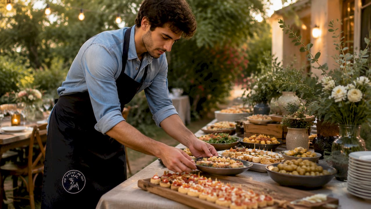 El equipo de catering preparando la mesa del buffet para el evento.