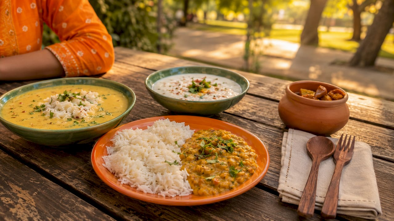 Close-up overhead view of classic Indian comfort dishes