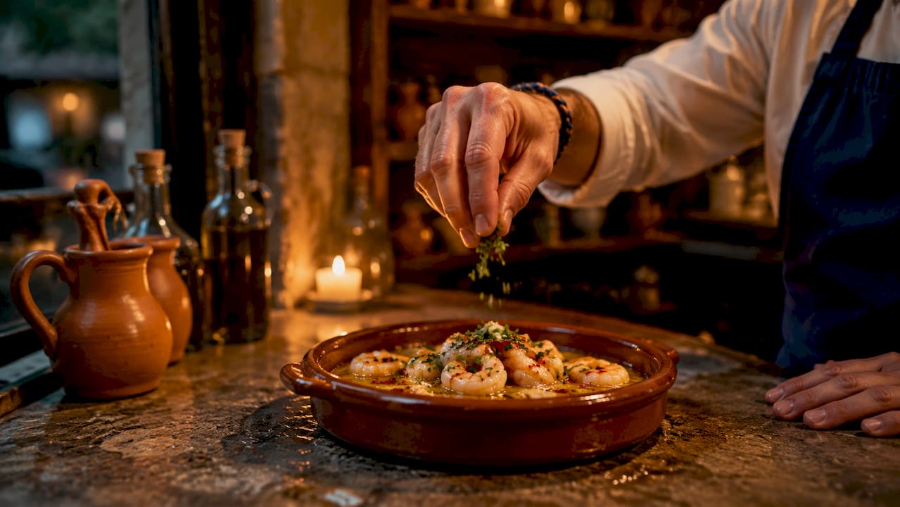 Close-up of sizzling gambas al pil-pil dish