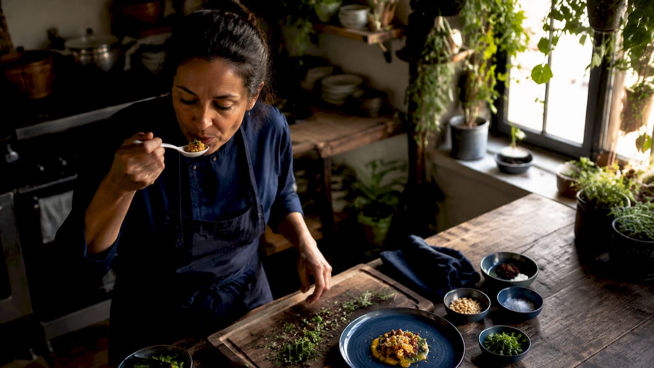 Chef tasting innovative tapas dish thoughtfully